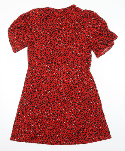 New Look Womens Red Animal Print Viscose A-Line Size 12 Round Neck