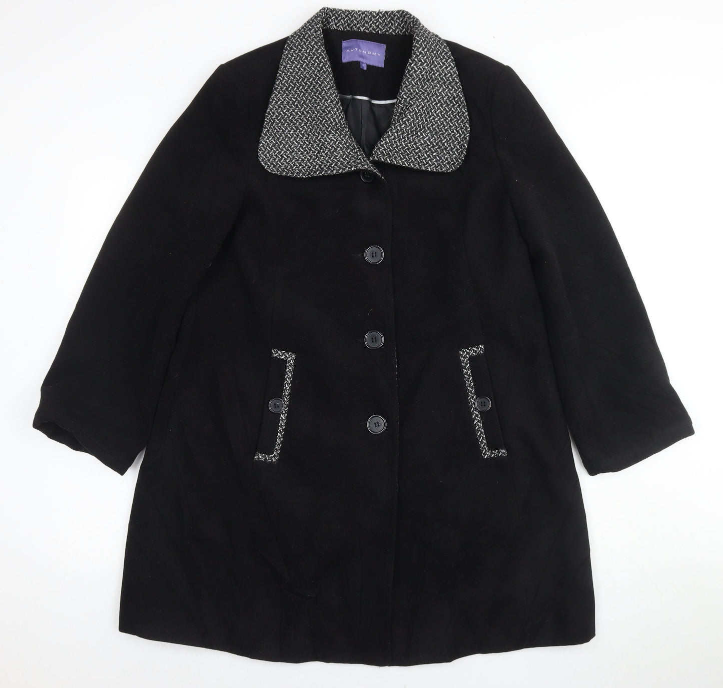 Autonomy Womens Black Overcoat Coat Size 12 Button