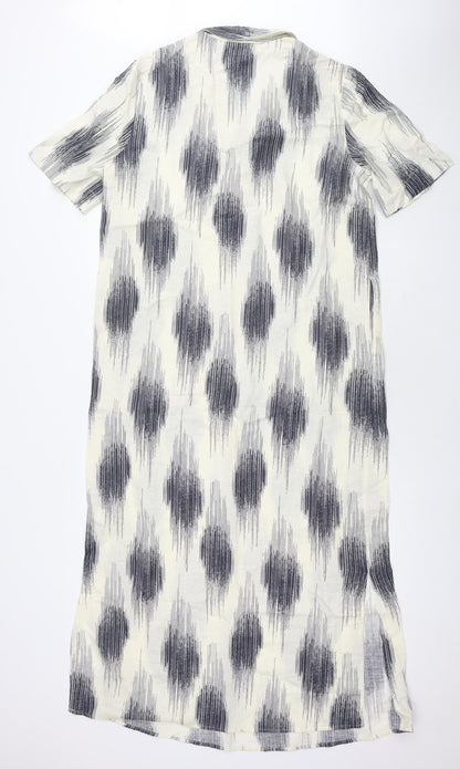 Marks and Spencer Womens White Geometric Linen Maxi Size 10 V-Neck Pullover