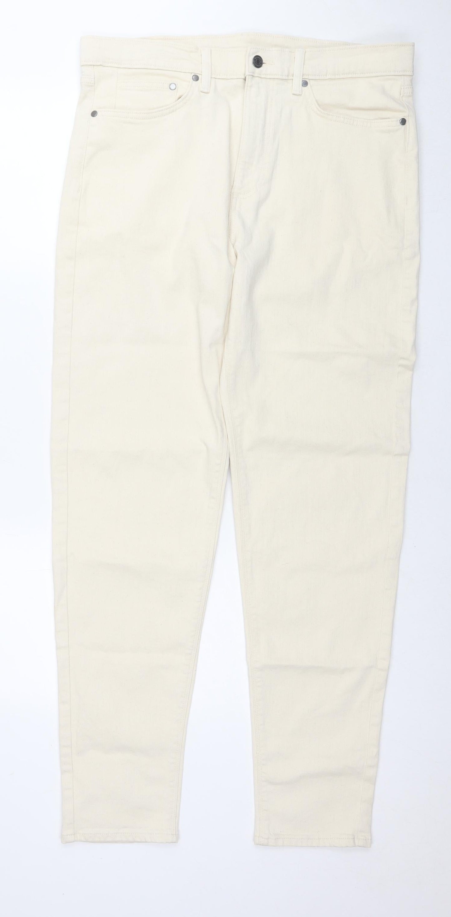 Marks and Spencer Mens Ivory Cotton Tapered Jeans Size 34 in L33 in Regular Zip