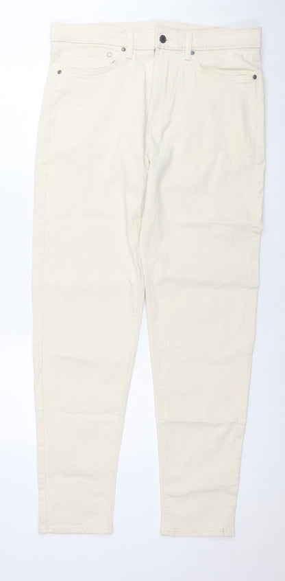 Marks and Spencer Mens Ivory Cotton Tapered Jeans Size 34 in L33 in Regular Zip