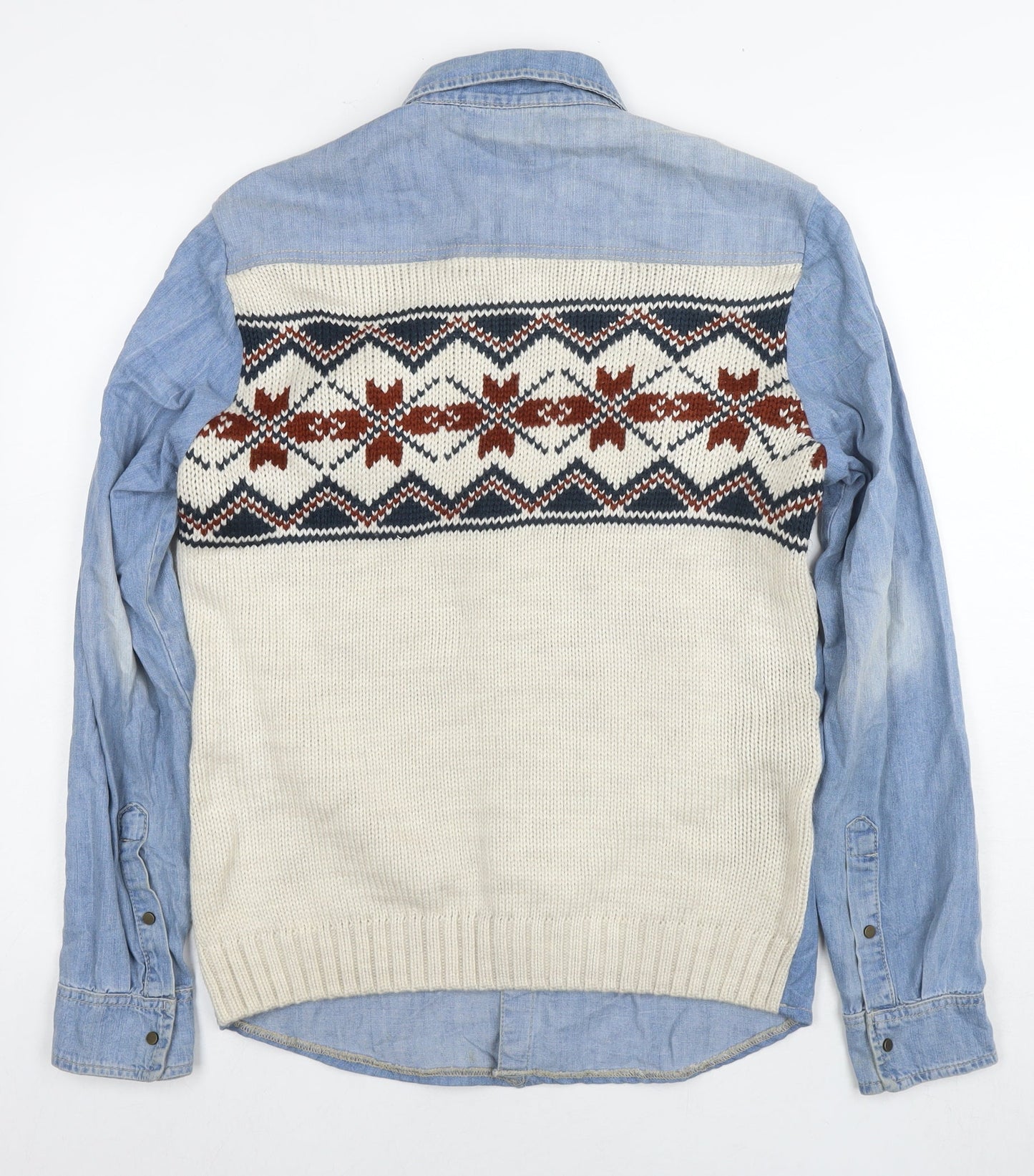 River Island Mens Blue Fair Isle Cotton Button-Up Size S Collared Snap - Knit Detail