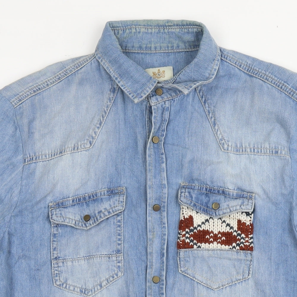 River Island Mens Blue Fair Isle Cotton Button-Up Size S Collared Snap - Knit Detail