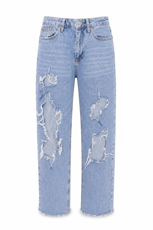 Front view of Denim & Co. women’s blue cotton mom jeans, size UK 8, 28-inch leg regular zip