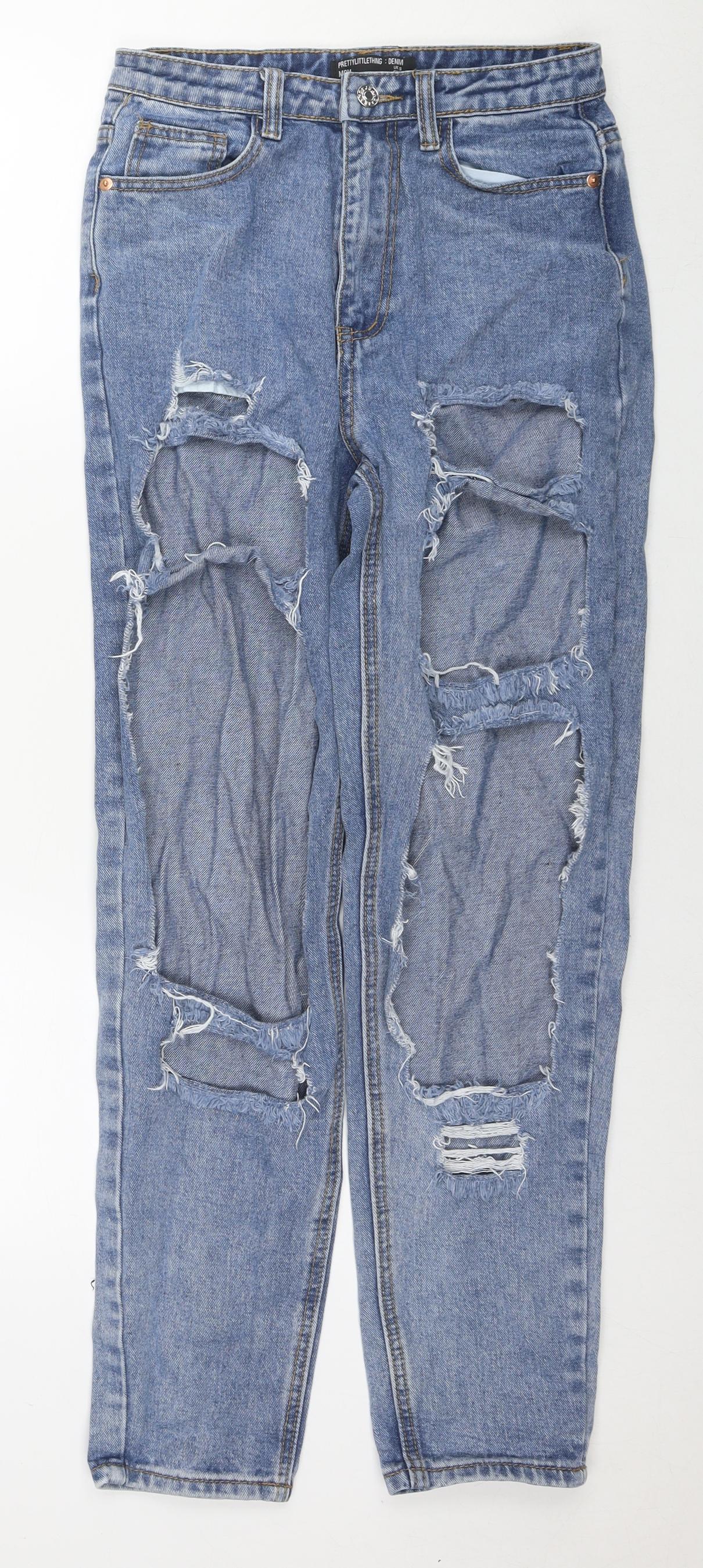 PRETTYLITTLETHING Womens Blue Cotton Mom Jeans Size 8 L28 in Regular Zip