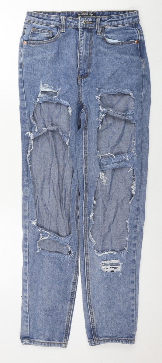 PRETTYLITTLETHING Womens Blue Cotton Mom Jeans Size 8 L28 in Regular Zip
