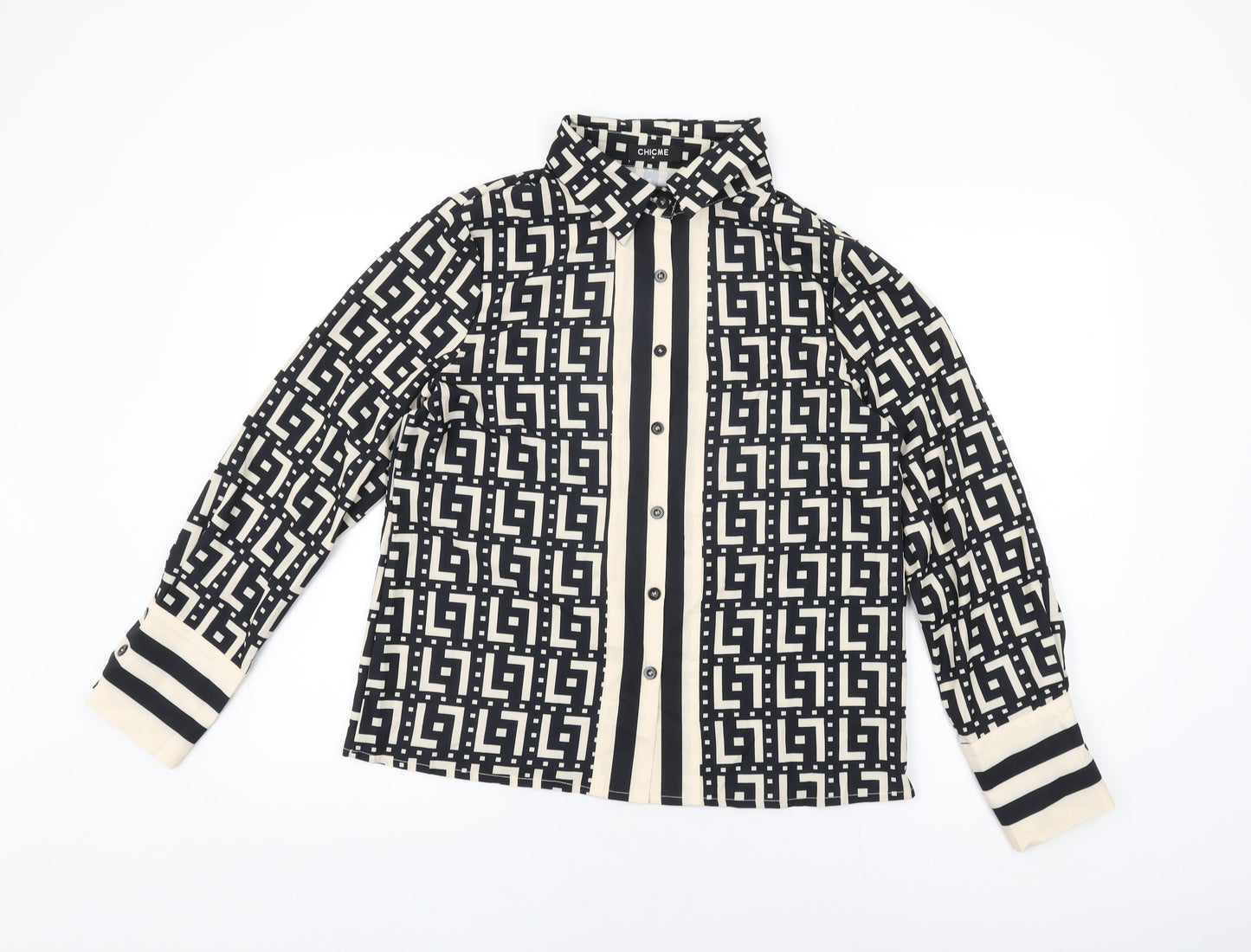 Chic Me Womens Black Geometric Polyester Basic Button-Up Size M Collared