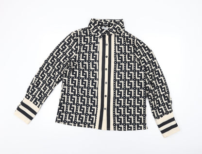 Chic Me Womens Black Geometric Polyester Basic Button-Up Size M Collared