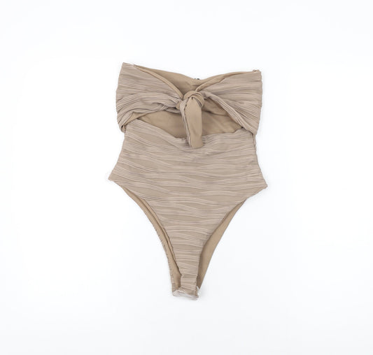 PRETTYLITTLETHING Womens Brown Polyester Bodysuit One-Piece Size 12 Tie