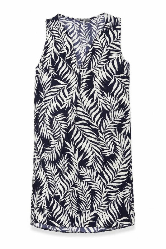 Front view of Principles women’s blue geometric viscose shift, size UK 10, v-neck pullover