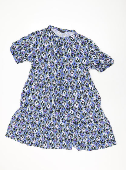 Marks and Spencer Womens Blue Geometric Viscose Shift Size 12 Round Neck Button