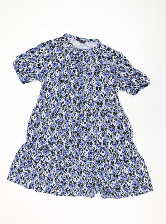 Marks and Spencer Womens Blue Geometric Viscose Shift Size 12 Round Neck Button