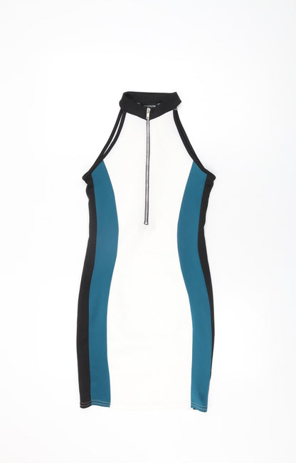 PRETTYLITTLETHING Womens White Geometric Polyester Bodycon Size 6 Round Neck Zip