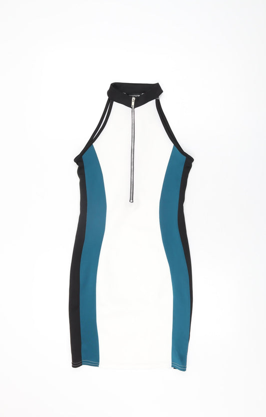 PRETTYLITTLETHING Womens White Geometric Polyester Bodycon Size 6 Round Neck Zip