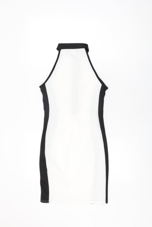 PRETTYLITTLETHING Womens White Geometric Polyester Bodycon Size 6 Round Neck Zip