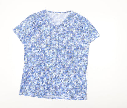 Isle Womens Blue Geometric Polyester Basic Button-Up Size 14 V-Neck - Size 14-16