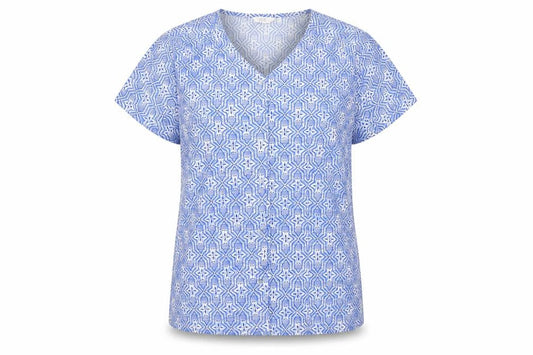 Isle Womens Blue Geometric Polyester Basic Button-Up Size 14 V-Neck - Size 14-16