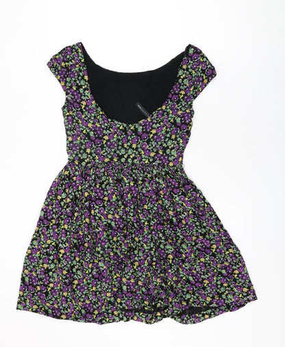 Mango Womens Black Floral Viscose Skater Dress Size M Round Neck Zip