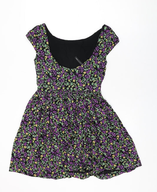 Mango Womens Black Floral Viscose Skater Dress Size M Round Neck Zip