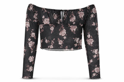 Motel Rocks Womens Black Floral Polyester Cropped T-Shirt Size M Off the Shoulder