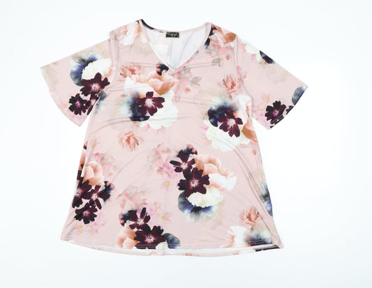 Originals Womens Pink Floral Polyester Basic T-Shirt Size M V-Neck