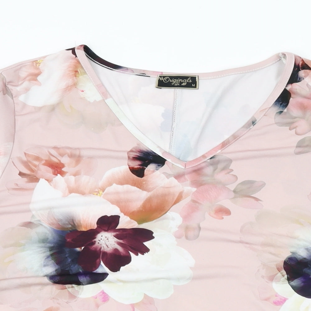 Originals Womens Pink Floral Polyester Basic T-Shirt Size M V-Neck