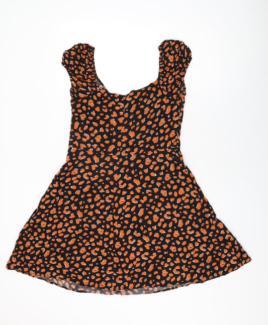 Dorothy Perkins Womens Black Animal Print Viscose Skater Dress Size 12 Sweetheart Zip