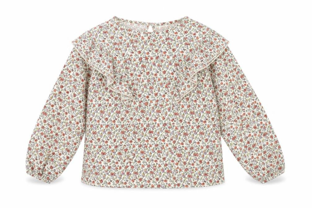 Front view of Zara girls’ ivory floral polyester basic t-shirt, size 13-14, years round neck button