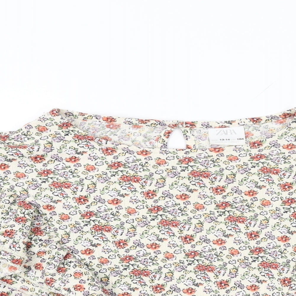 Zara Girls Ivory Floral Polyester Basic T-Shirt Size 13-14 Years Round Neck Button