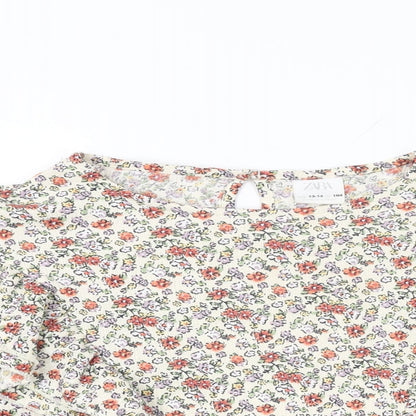 Zara Girls Ivory Floral Polyester Basic T-Shirt Size 13-14 Years Round Neck Button