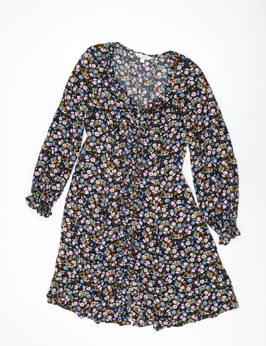 Marks and Spencer Womens Black Floral Viscose A-Line Size 8 V-Neck Button