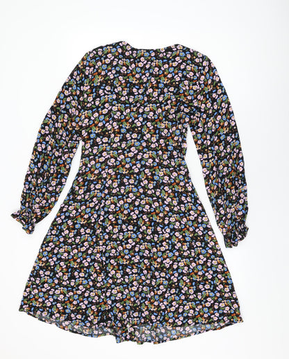 Marks and Spencer Womens Black Floral Viscose A-Line Size 8 V-Neck Button