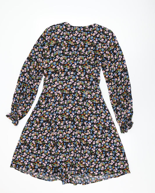 Marks and Spencer Womens Black Floral Viscose A-Line Size 8 V-Neck Button
