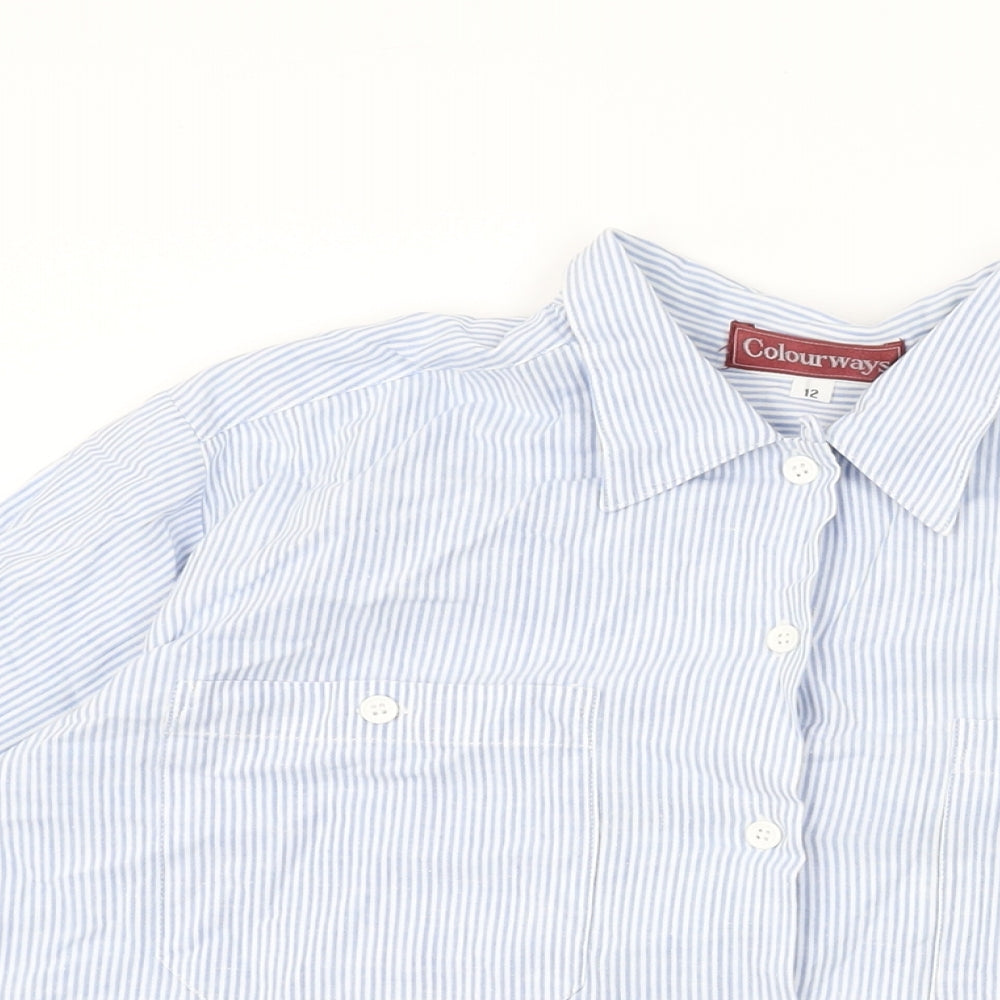 Colourways Womens Blue Striped Cotton Basic Button-Up Size 12 Collared