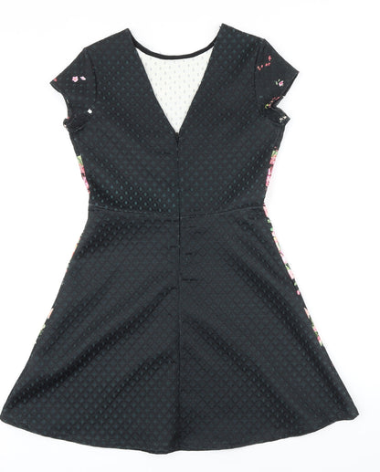 Lipsy Womens Black Floral Polyester A-Line Size 8 Round Neck Zip