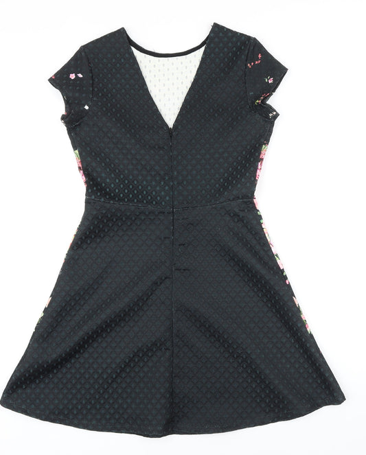 Lipsy Womens Black Floral Polyester A-Line Size 8 Round Neck Zip