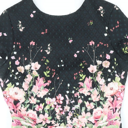 Lipsy Womens Black Floral Polyester A-Line Size 8 Round Neck Zip