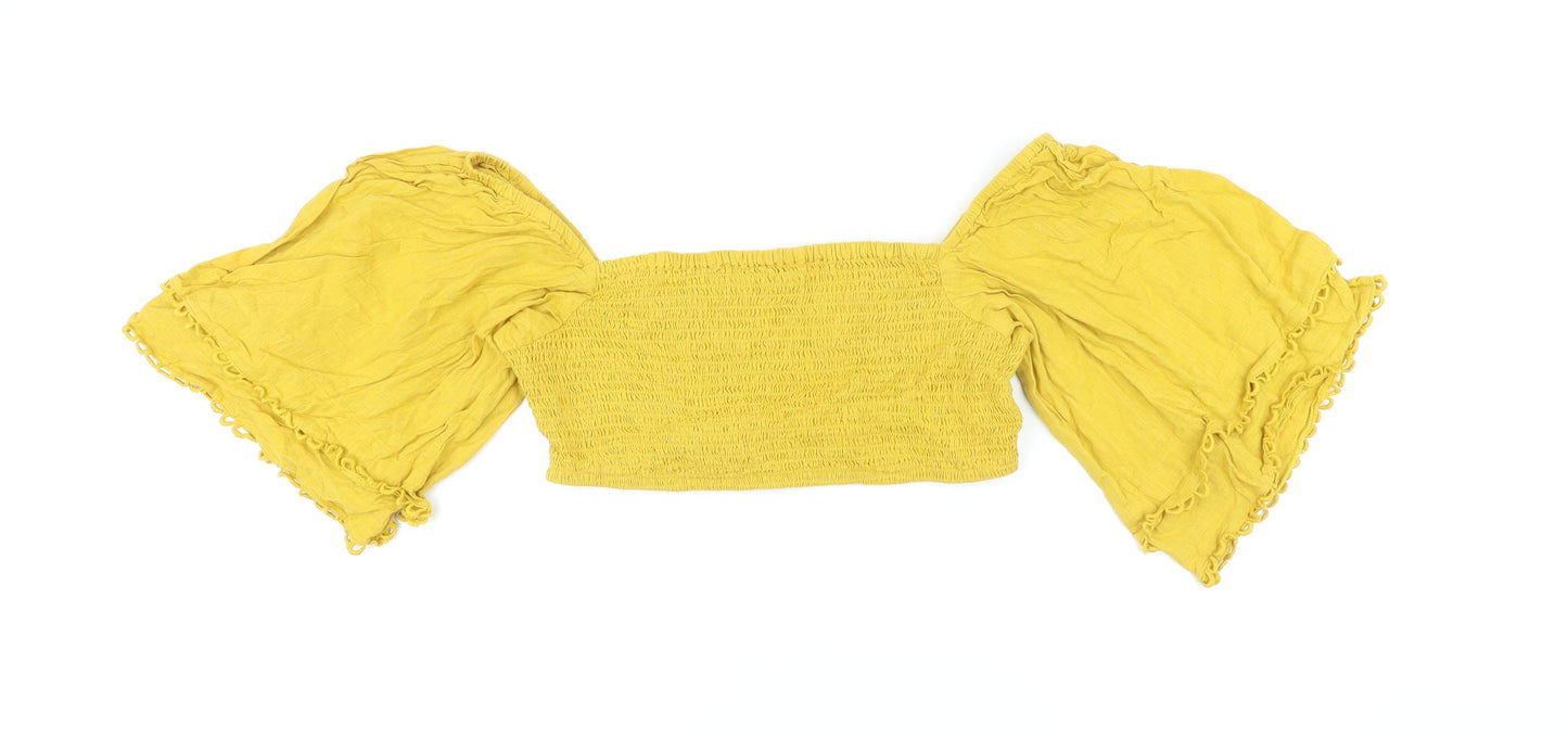 Boohoo Womens Yellow Cotton Cropped Button-Up Size 14 Square Neck - Smocked detail