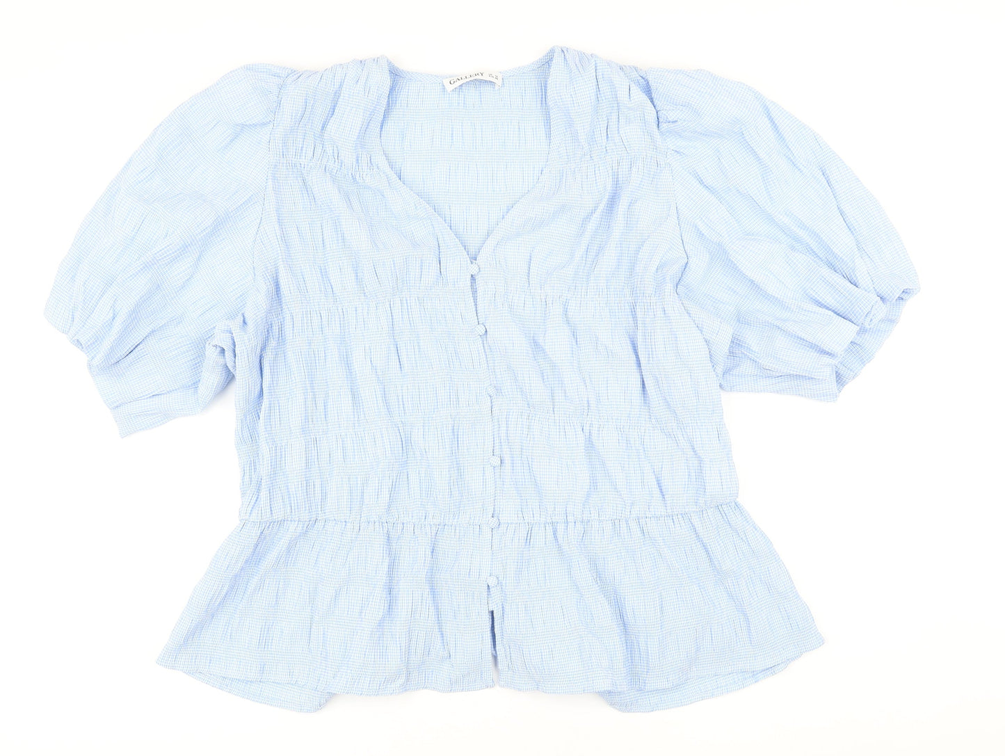 Gallery Womens Blue Check Polyester Basic Button-Up Size 18 V-Neck - Smocked detail