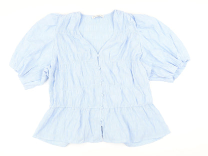 Gallery Womens Blue Check Polyester Basic Button-Up Size 18 V-Neck - Smocked detail