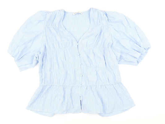 Gallery Womens Blue Check Polyester Basic Button-Up Size 18 V-Neck - Smocked detail