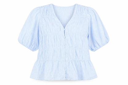 Gallery Womens Blue Check Polyester Basic Button-Up Size 18 V-Neck - Smocked detail
