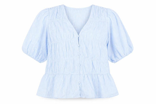 Front view of Gallery women’s blue check polyester basic button-up, size UK 18, v-neck - smocked detail