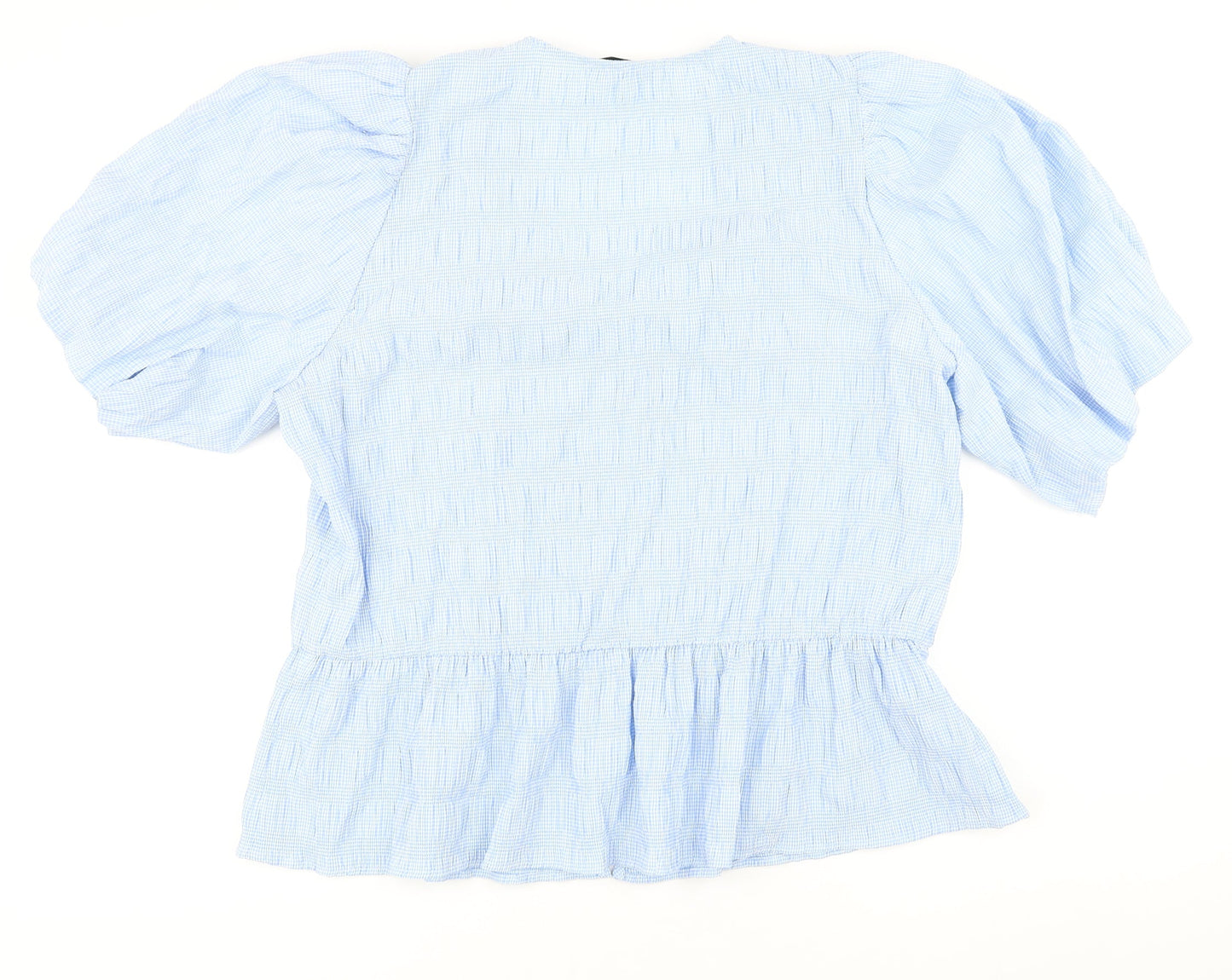 Gallery Womens Blue Check Polyester Basic Button-Up Size 18 V-Neck - Smocked detail