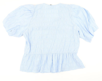 Gallery Womens Blue Check Polyester Basic Button-Up Size 18 V-Neck - Smocked detail