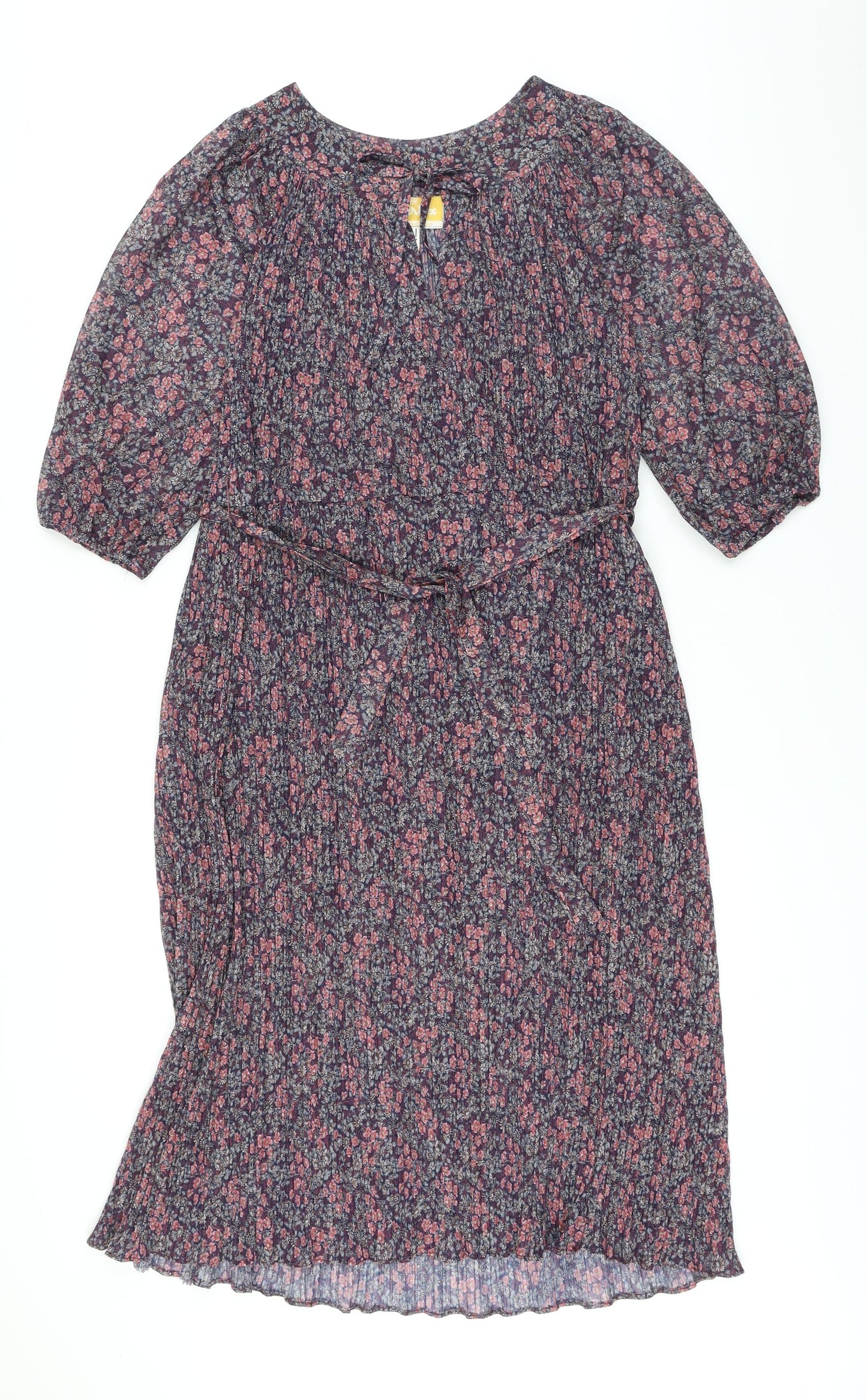 Beskestex Womens Multicoloured Floral Polyester A-Line Size 12 Round Neck Tie - Pleated front