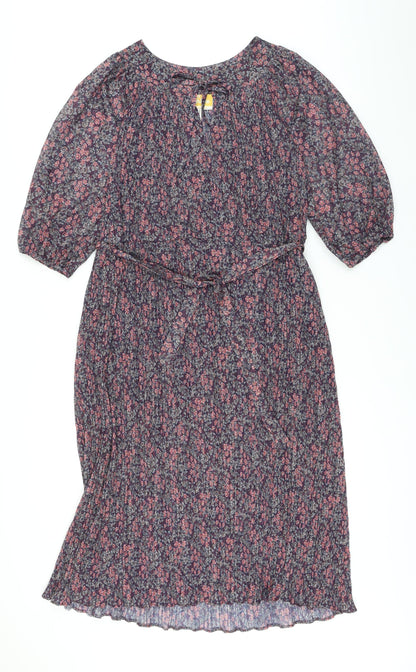 Beskestex Womens Multicoloured Floral Polyester A-Line Size 12 Round Neck Tie - Pleated front