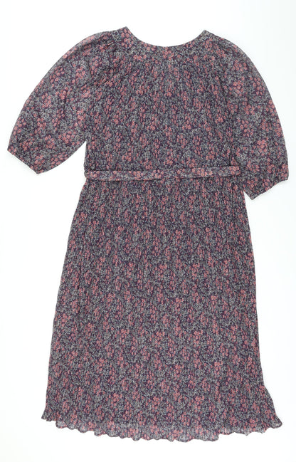 Beskestex Womens Multicoloured Floral Polyester A-Line Size 12 Round Neck Tie - Pleated front