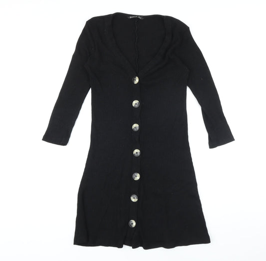 Stradivarius Womens Black Polyester A-Line Size S V-Neck Button
