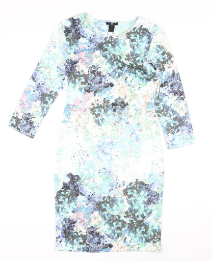 H&M Womens Multicoloured Floral Polyester Pencil Dress Size S Round Neck